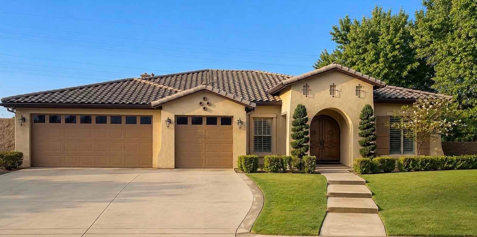 Freshly painted stucco home with tile roof and wood double doors in Bakersfield