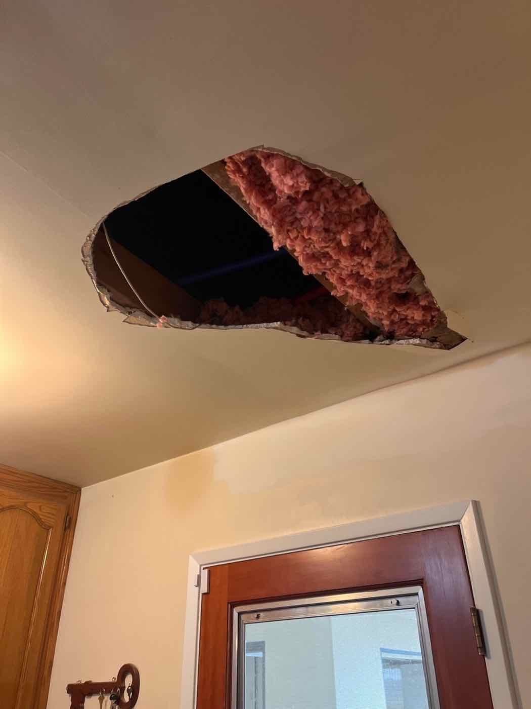 Ceiling with a large hole in the drywall and insulation showing, before repair